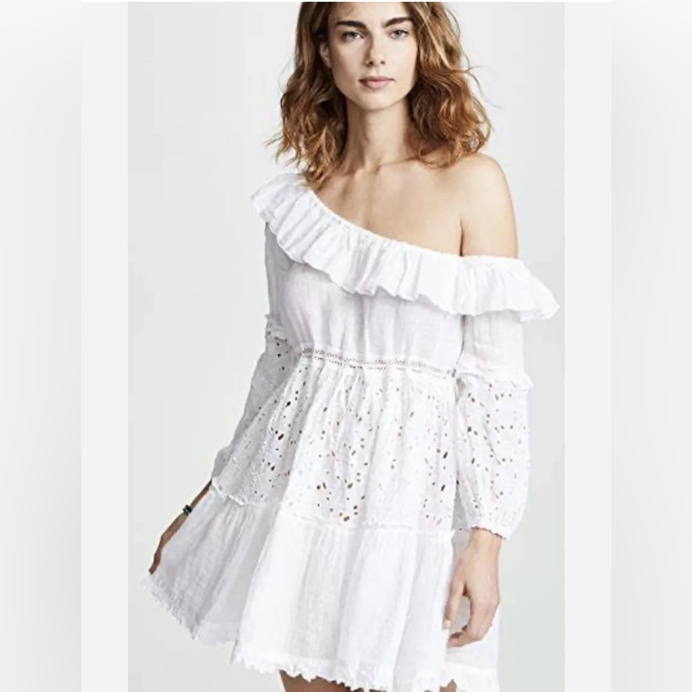 Sunday St. Tropez Dress Louana 100% Linen White Asymmetrical Neck NWT BO…